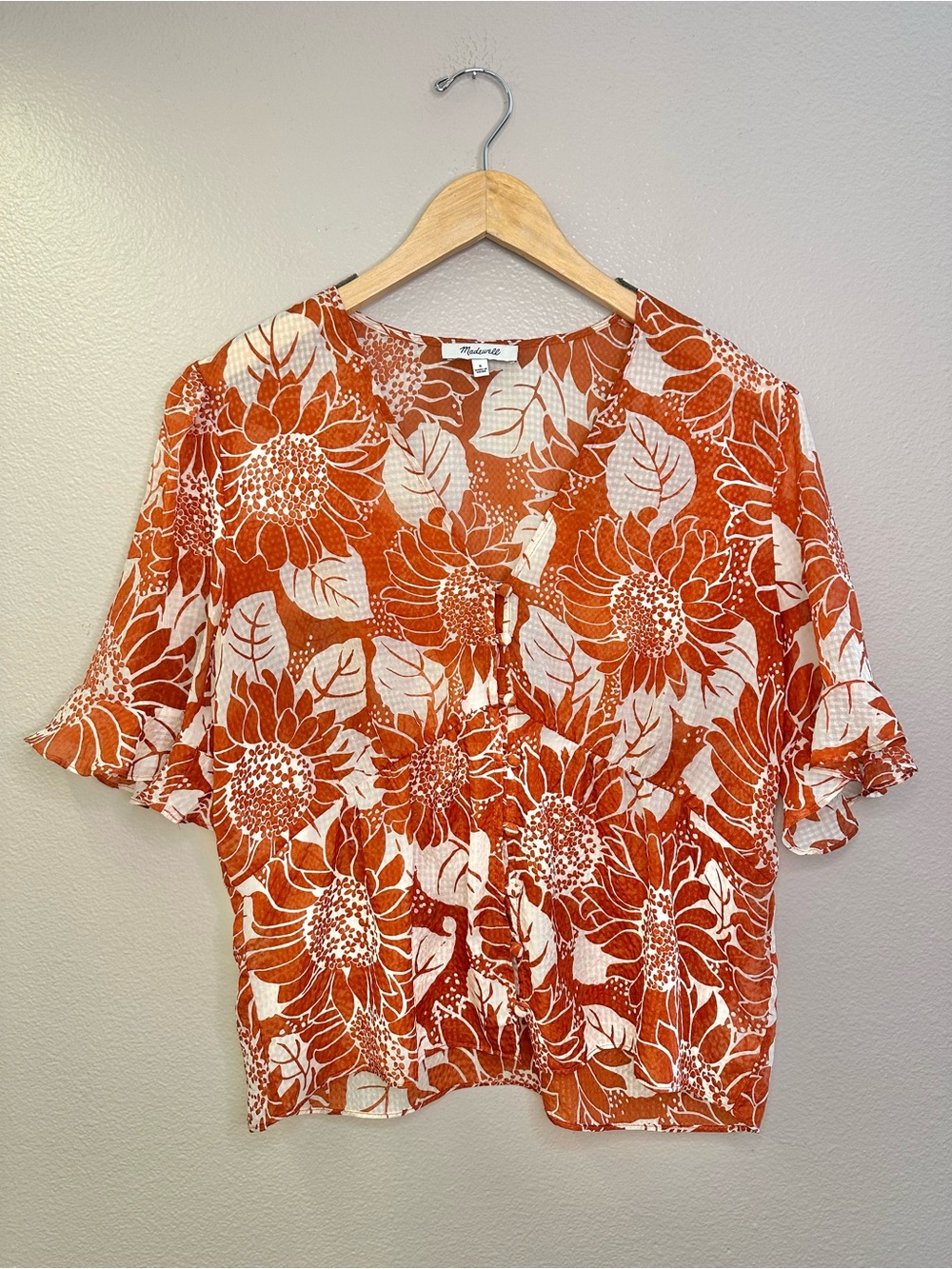 Madewell Journal Sunflower Season Keyhole Silk Short Sleeve Blouse - Picture 8 of 9
